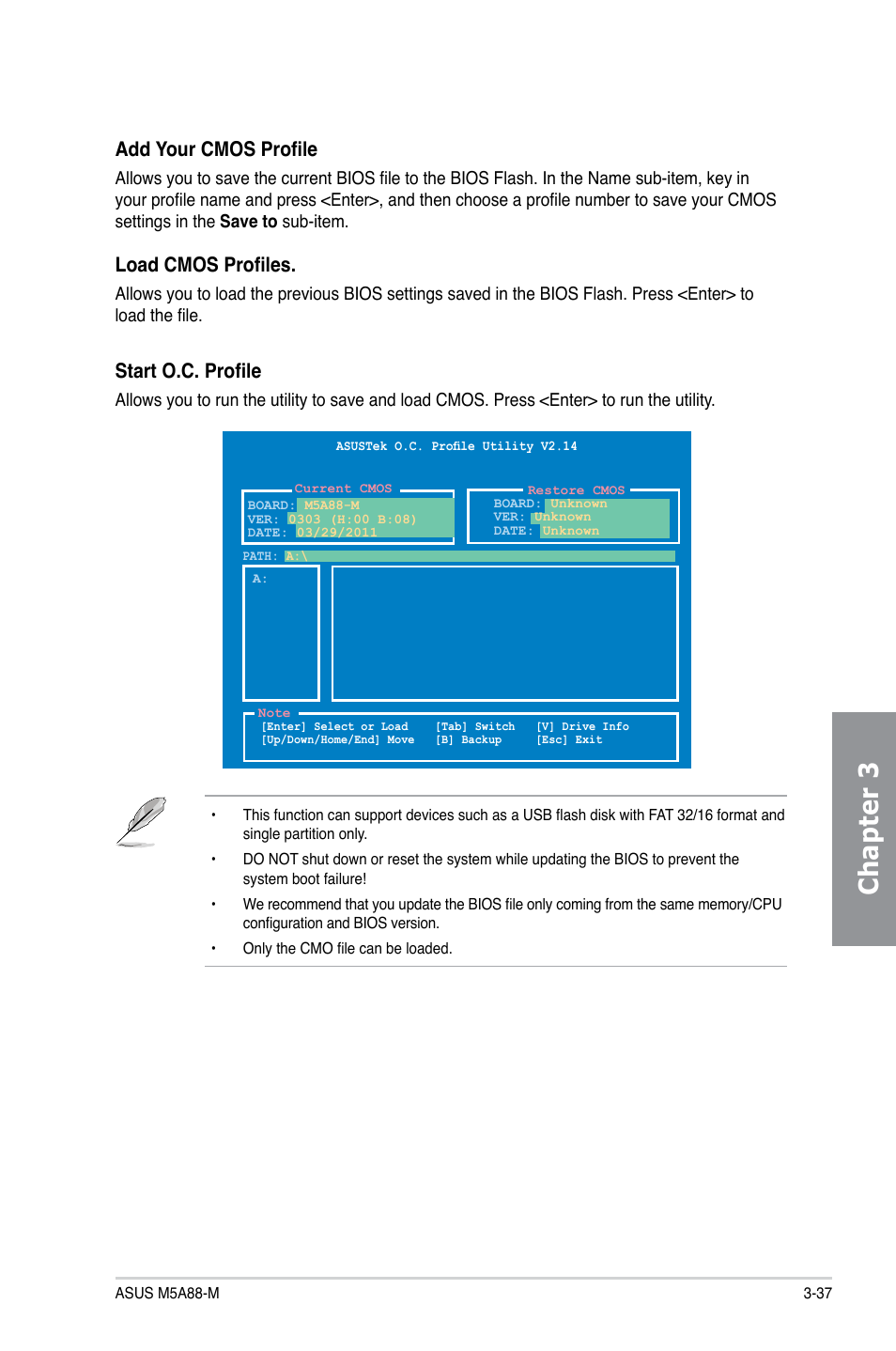 Chapter 3, Start o.c. profile, Add your cmos profile | Load cmos profiles | Asus M5A88-M User Manual | Page 87 / 116