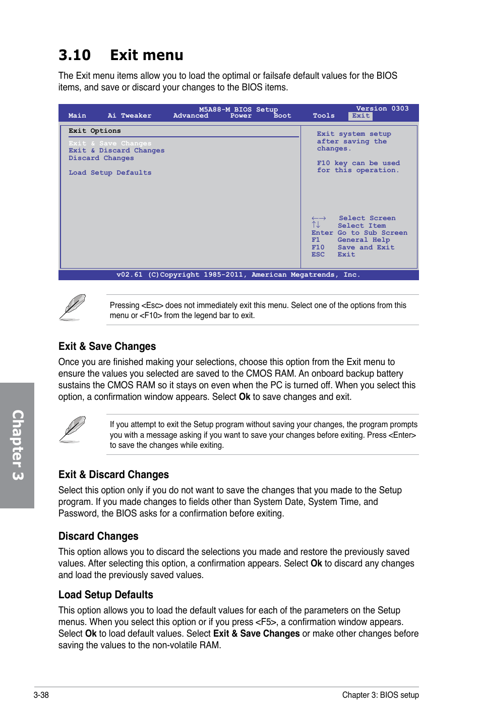 10 exit menu, Exit menu -38, Chapter 3 3.10 exit menu | Exit & save changes, Exit & discard changes, Discard changes, Load setup defaults | Asus M5A88-M User Manual | Page 88 / 116