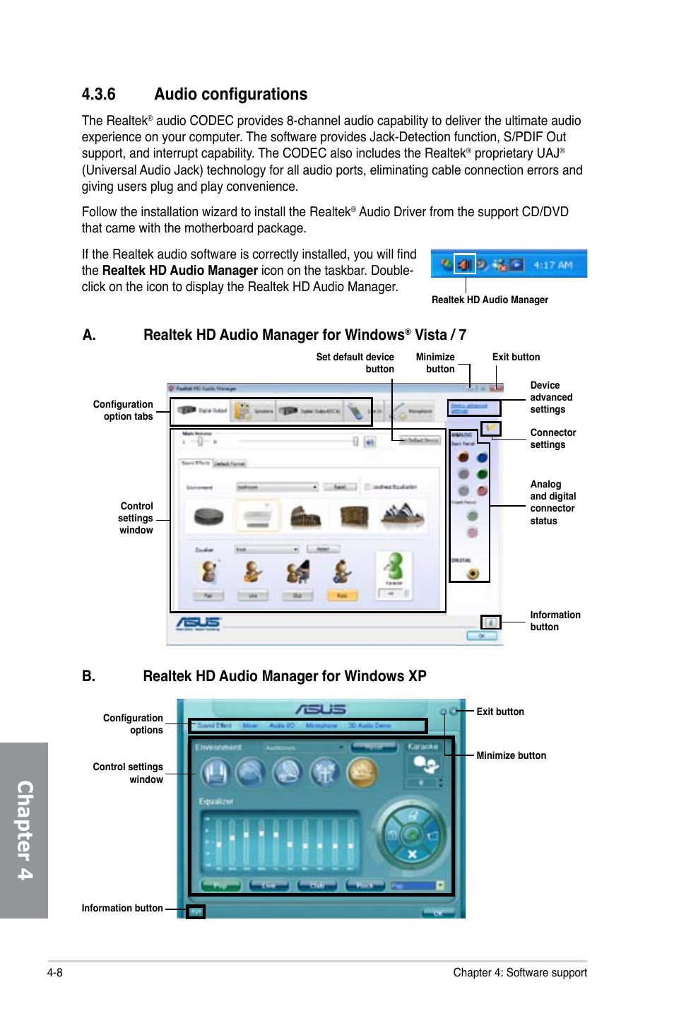 6 audio configurations, Audio configurations -8, Chapter 4 | A. realtek hd audio manager for windows, Vista / 7, B. realtek hd audio manager for windows xp | Asus M5A88-M User Manual | Page 96 / 116