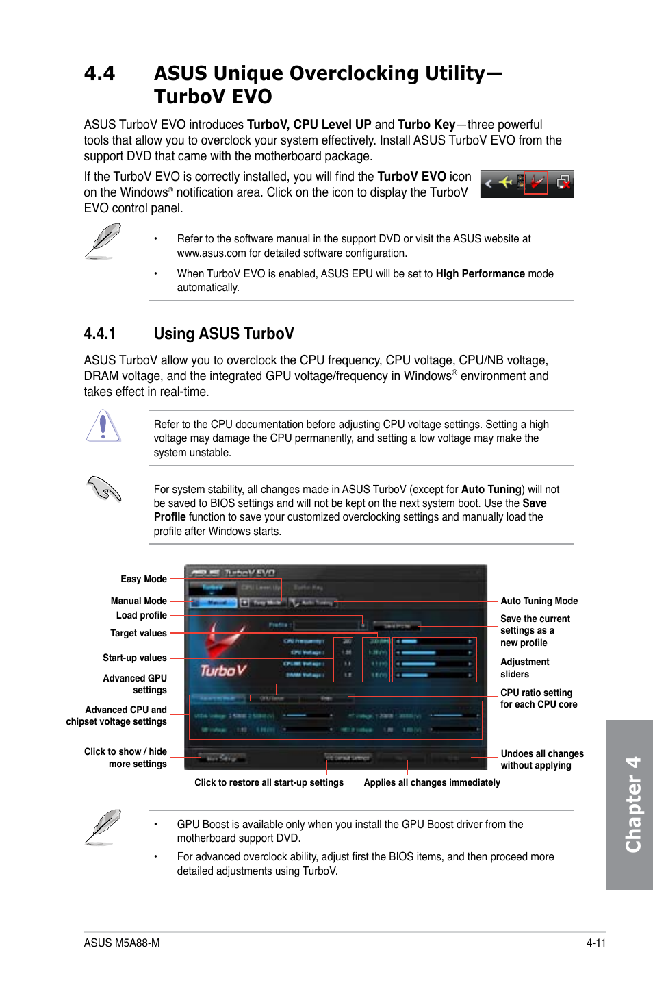 4 asus unique overclocking utility—turbov evo, 1 using asus turbov, Using asus turbov -11 | Asus M5A88-M User Manual | Page 99 / 116