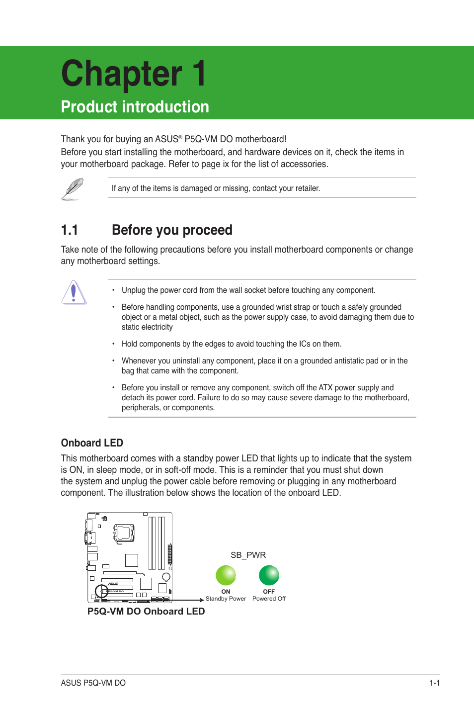 Chapter 1: product introduction, 1 before you proceed, Product introduction | Before you proceed -1, Chapter 1 | Asus P5Q-VM DO User Manual | Page 10 / 48