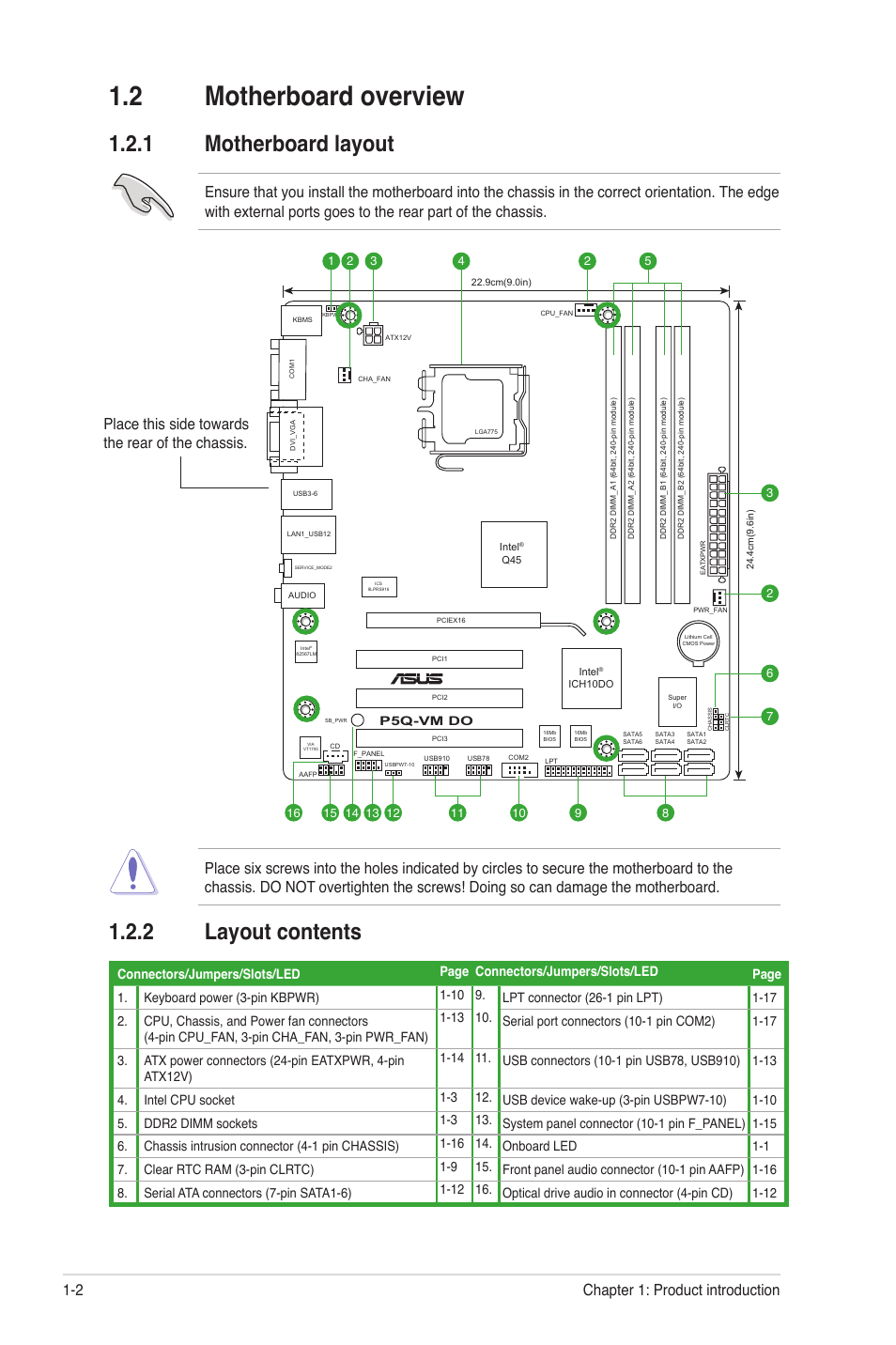 2 motherboard overview, 1 motherboard layout, 2 layout contents | Motherboard overview -2 1.2.1, Motherboard layout -2, Layout contents -2, Place this side towards the rear of the chassis, Chapter 1: product introduction 1-2 | Asus P5Q-VM DO User Manual | Page 11 / 48