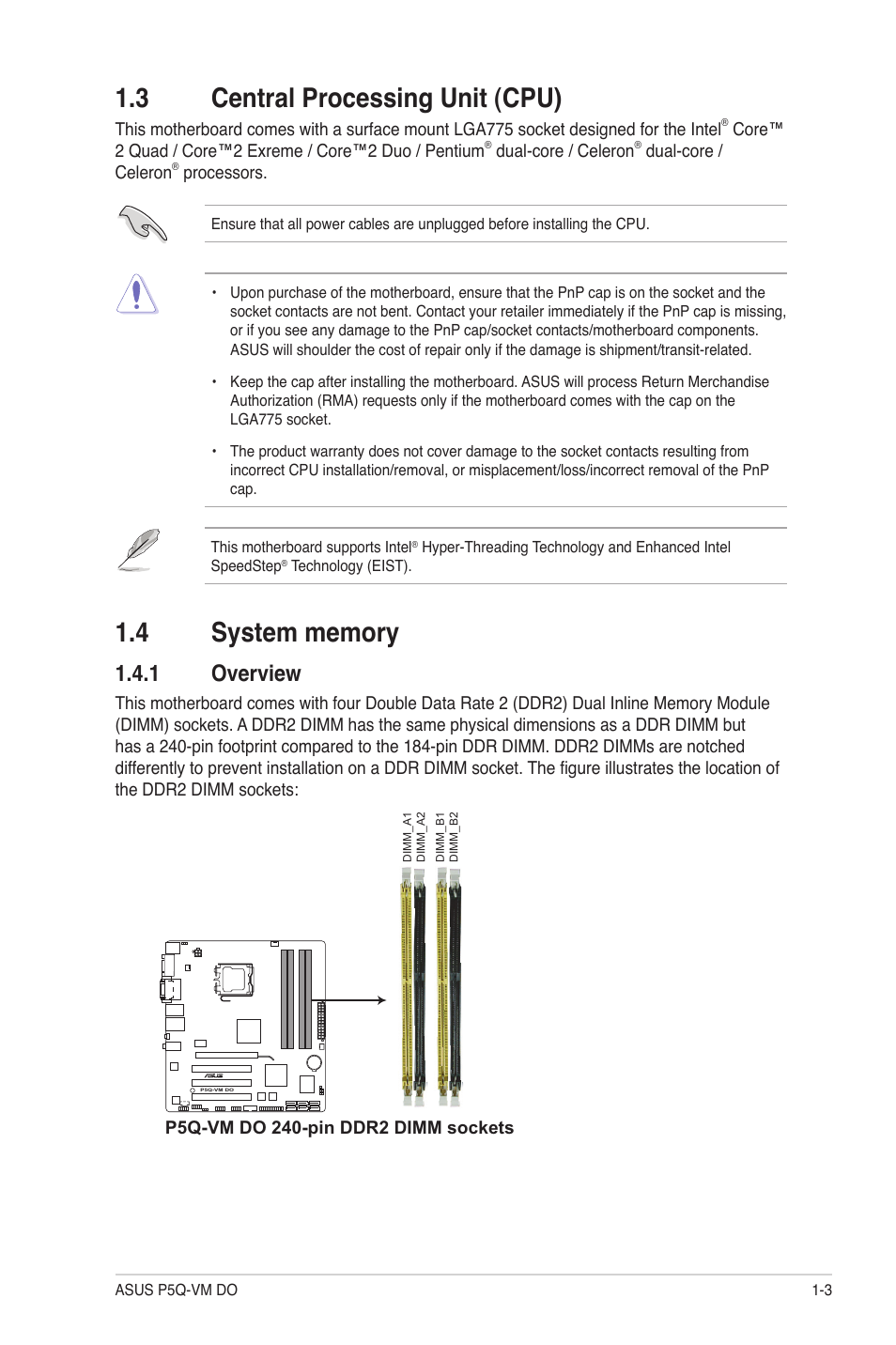 3 central processing unit (cpu), 4 system memory, 1 overview | Central processing unit (cpu) -3, System memory -3 1.4.1, Overview -3 | Asus P5Q-VM DO User Manual | Page 12 / 48