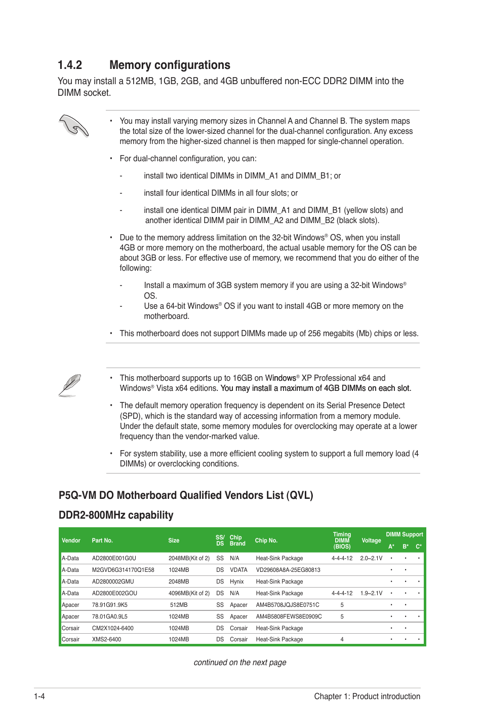 2 memory configurations, Memory configurations -4 | Asus P5Q-VM DO User Manual | Page 13 / 48