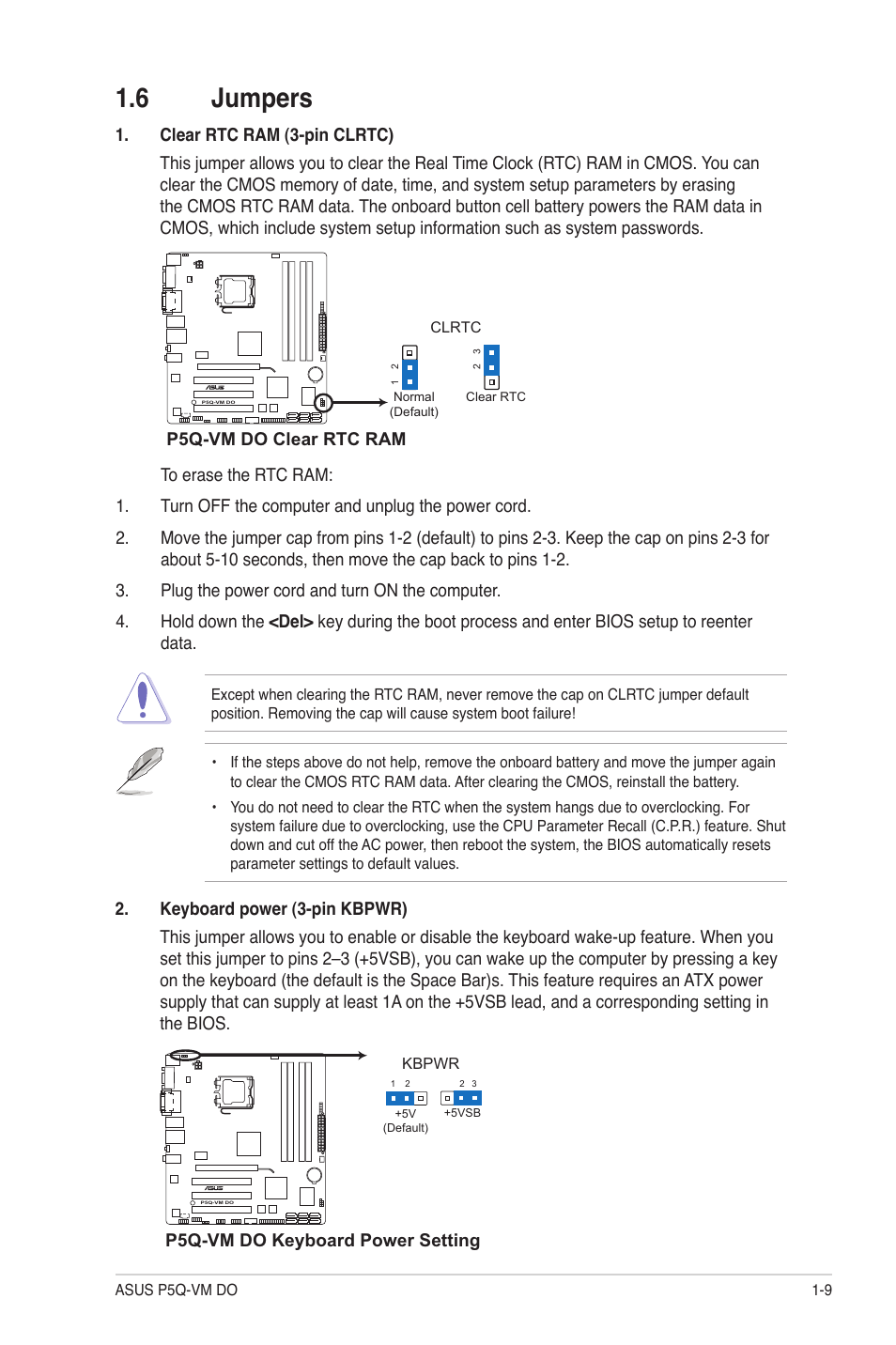 6 jumpers, Jumpers -9 | Asus P5Q-VM DO User Manual | Page 18 / 48