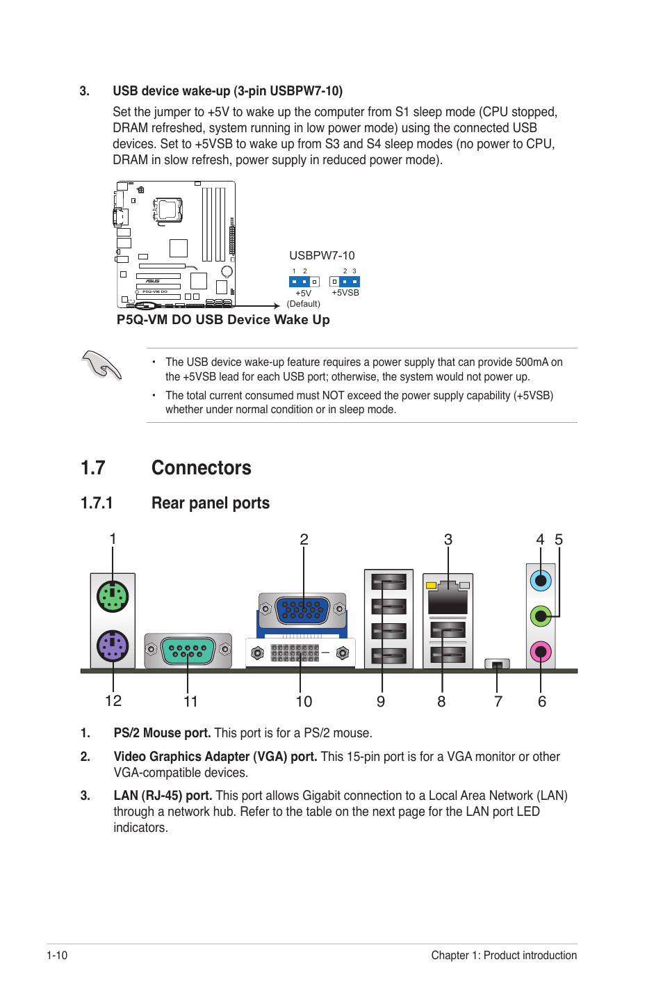 7 connectors, 1 rear panel ports, Connectors -10 1.7.1 | Rear panel ports -10 | Asus P5Q-VM DO User Manual | Page 19 / 48