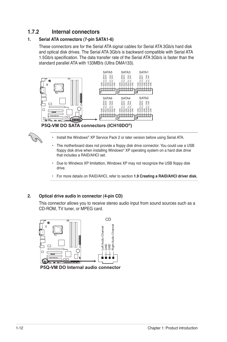 2 internal connectors, Internal connectors -12, P5q-vm do sata connectors (ich10do | P5q-vm do internal audio connector, Install the windows, Chapter 1: product introduction 1-12 | Asus P5Q-VM DO User Manual | Page 21 / 48