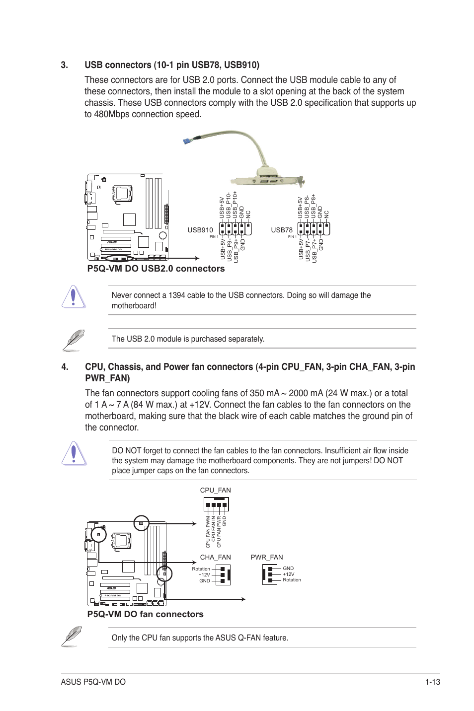 P5q-vm do usb2.0 connectors, P5q-vm do fan connectors | Asus P5Q-VM DO User Manual | Page 22 / 48