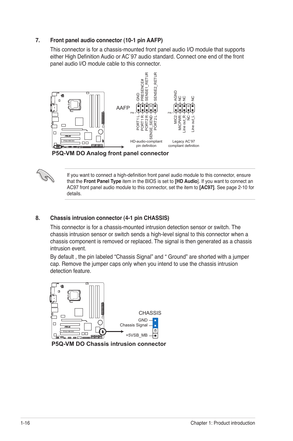 P5q-vm do analog front panel connector, P5q-vm do chassis intrusion connector | Asus P5Q-VM DO User Manual | Page 25 / 48