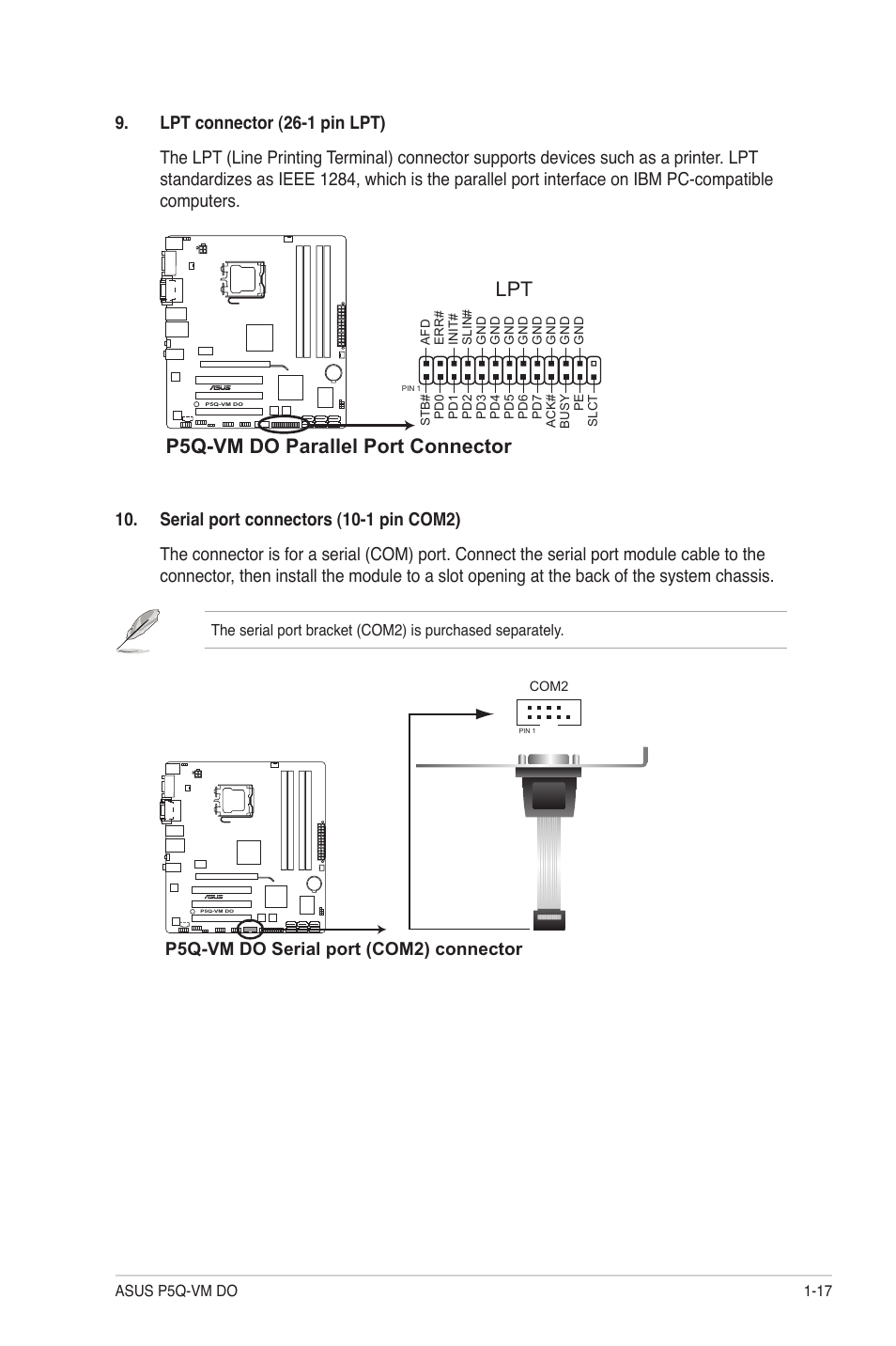 P5q-vm do parallel port connector, P5q-vm do serial port (com2) connector | Asus P5Q-VM DO User Manual | Page 26 / 48