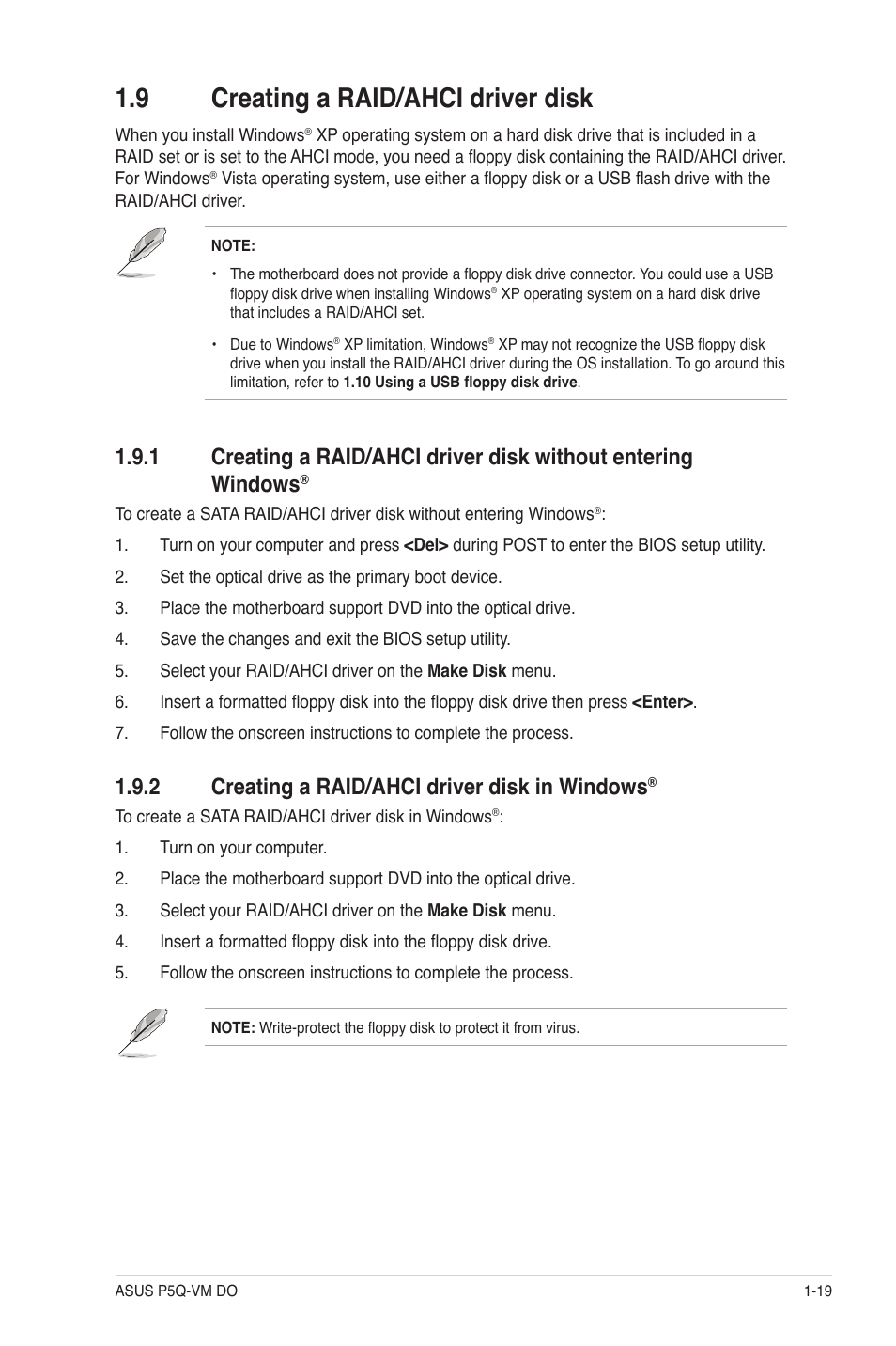 9 creating a raid/ahci driver disk, 2 creating a raid/ahci driver disk in windows, Creating a raid/ahci driver disk -19 1.9.1 | Creating a raid/ahci driver disk in windows | Asus P5Q-VM DO User Manual | Page 28 / 48