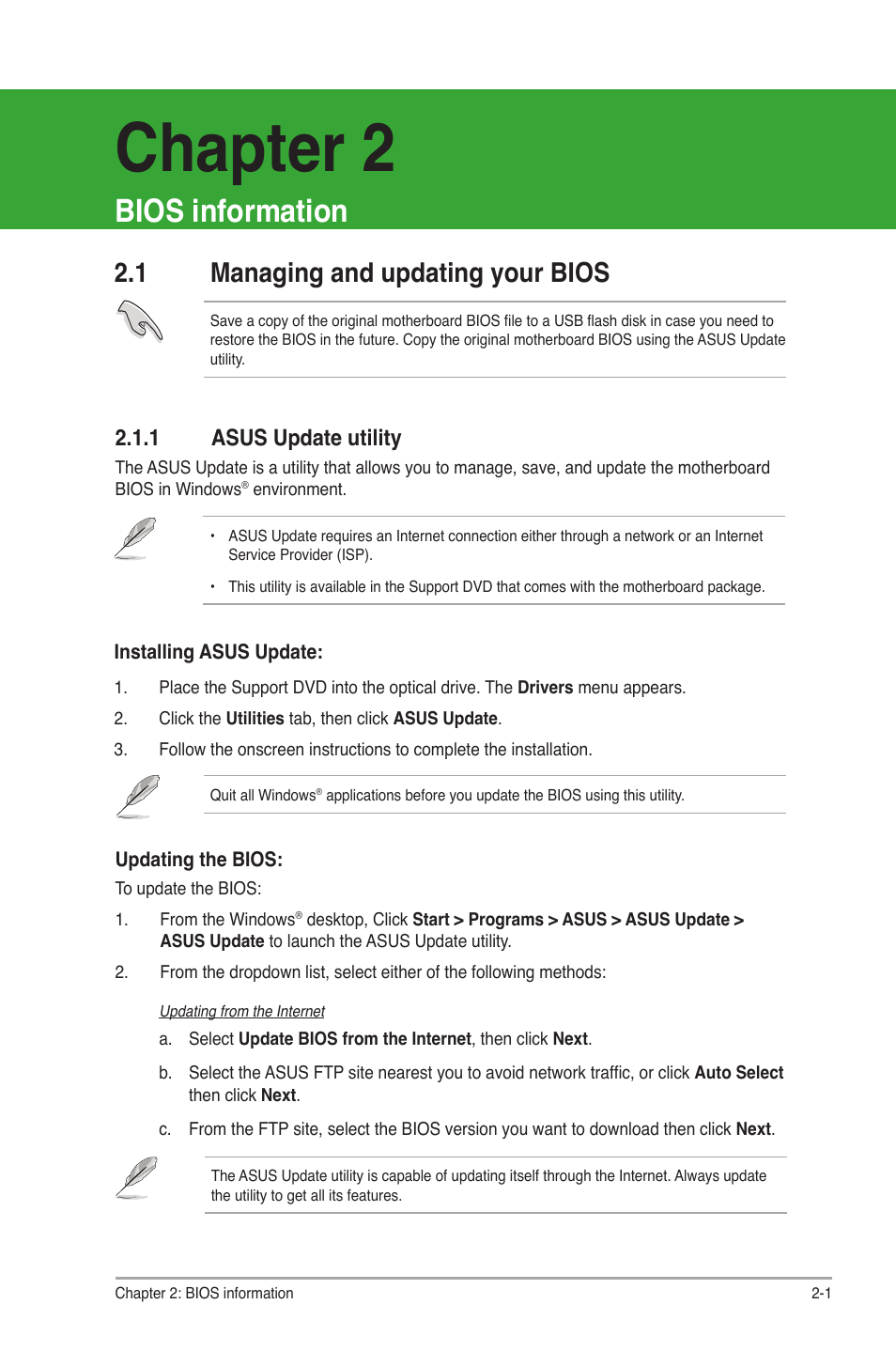 Bios information, 1 managing and updating your bios, 1 asus update utility | Managing and updating your bios -1 2.1.1, Asus update utility -1, Chapter 2 | Asus P5Q-VM DO User Manual | Page 31 / 48