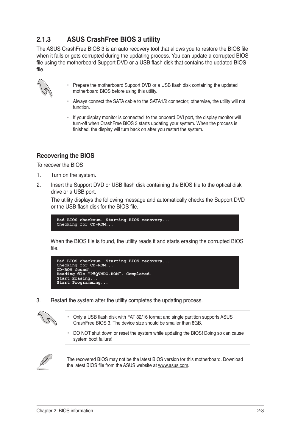 3 asus crashfree bios 3 utility, Asus crashfree bios 3 utility -3, Recovering the bios | Asus P5Q-VM DO User Manual | Page 33 / 48