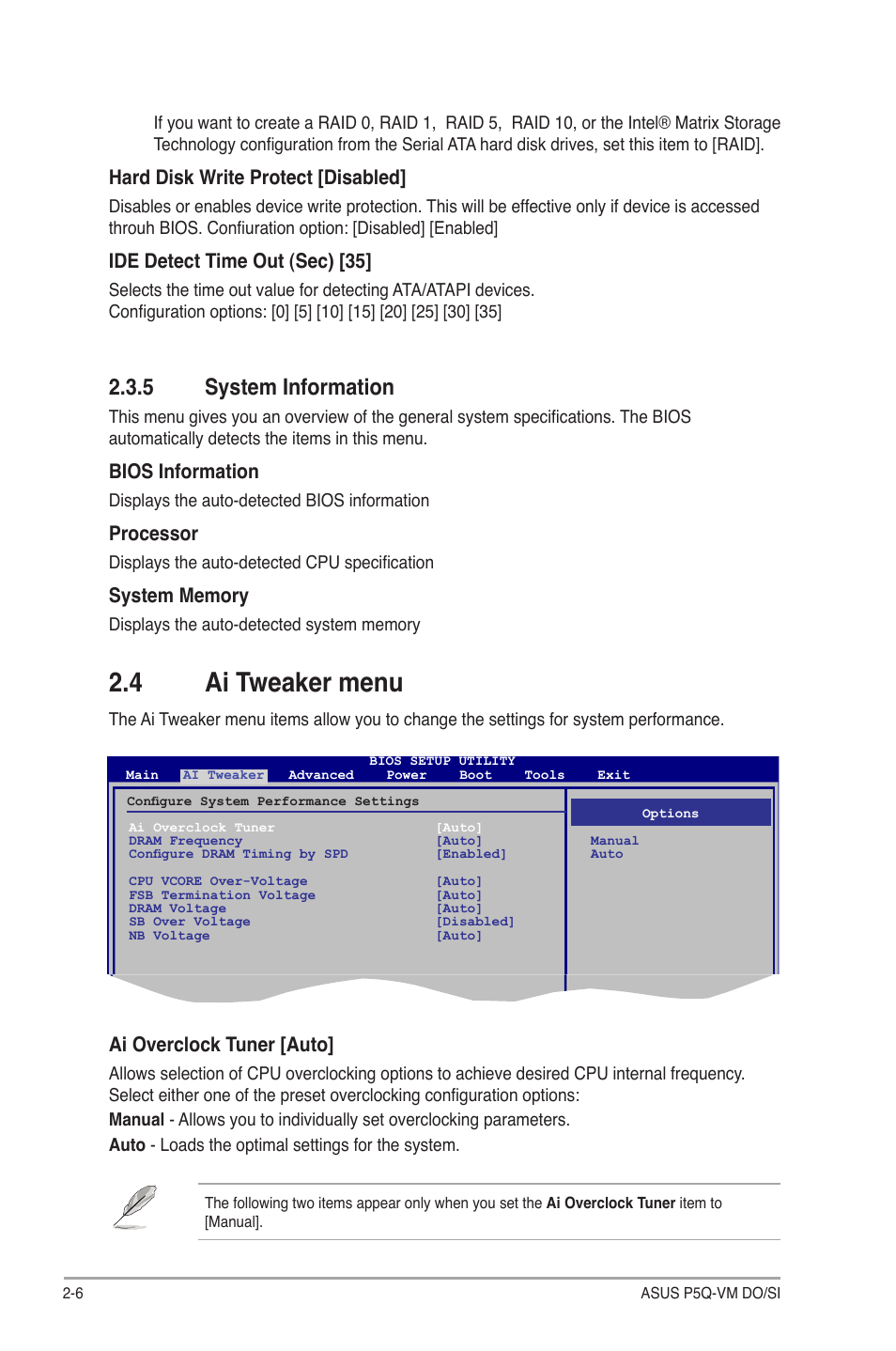 5 system information, 4 ai tweaker menu, System information -6 | Ai tweaker menu -6, Hard disk write protect [disabled, Ide detect time out (sec) [35, Bios information, Processor, Ai overclock tuner [auto | Asus P5Q-VM DO User Manual | Page 36 / 48