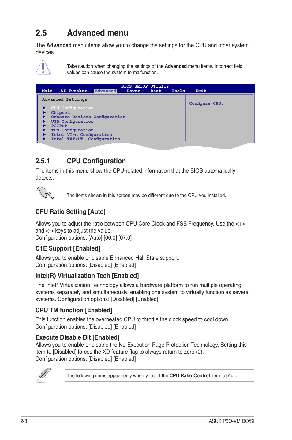 5 advanced menu, 1 cpu configuration, Advanced menu -8 2.5.1 | Cpu configuration -8 | Asus P5Q-VM DO User Manual | Page 38 / 48