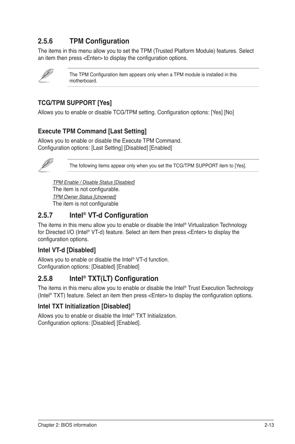 6 tpm configuration, 7 intel® vt-d configuration, 8 intel® txt(lt) configuration | Tpm configuration -13, Intel, Vt-d configuration -13, Txt(lt) configuration -13, 7 intel, Vt-d configuration, 8 intel | Asus P5Q-VM DO User Manual | Page 43 / 48