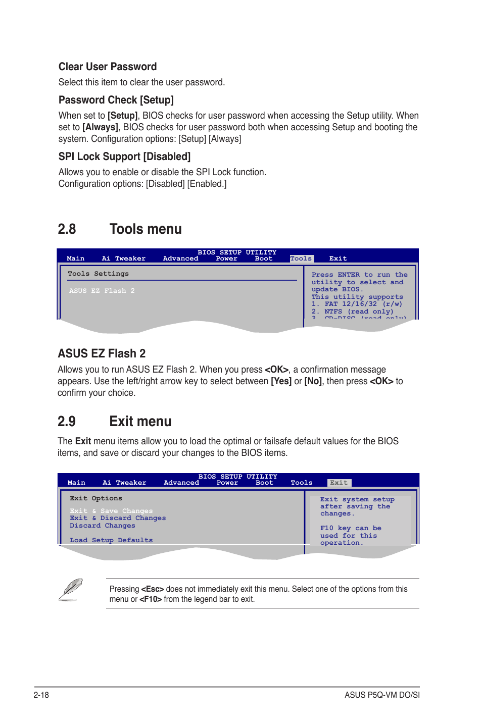 8 tools menu, Asus ez flash 2, 9 exit menu | Tools menu -18 asus ez flash 2 -18, Exit menu -18, Clear user password, Password check [setup, Spi lock support [disabled | Asus P5Q-VM DO User Manual | Page 48 / 48