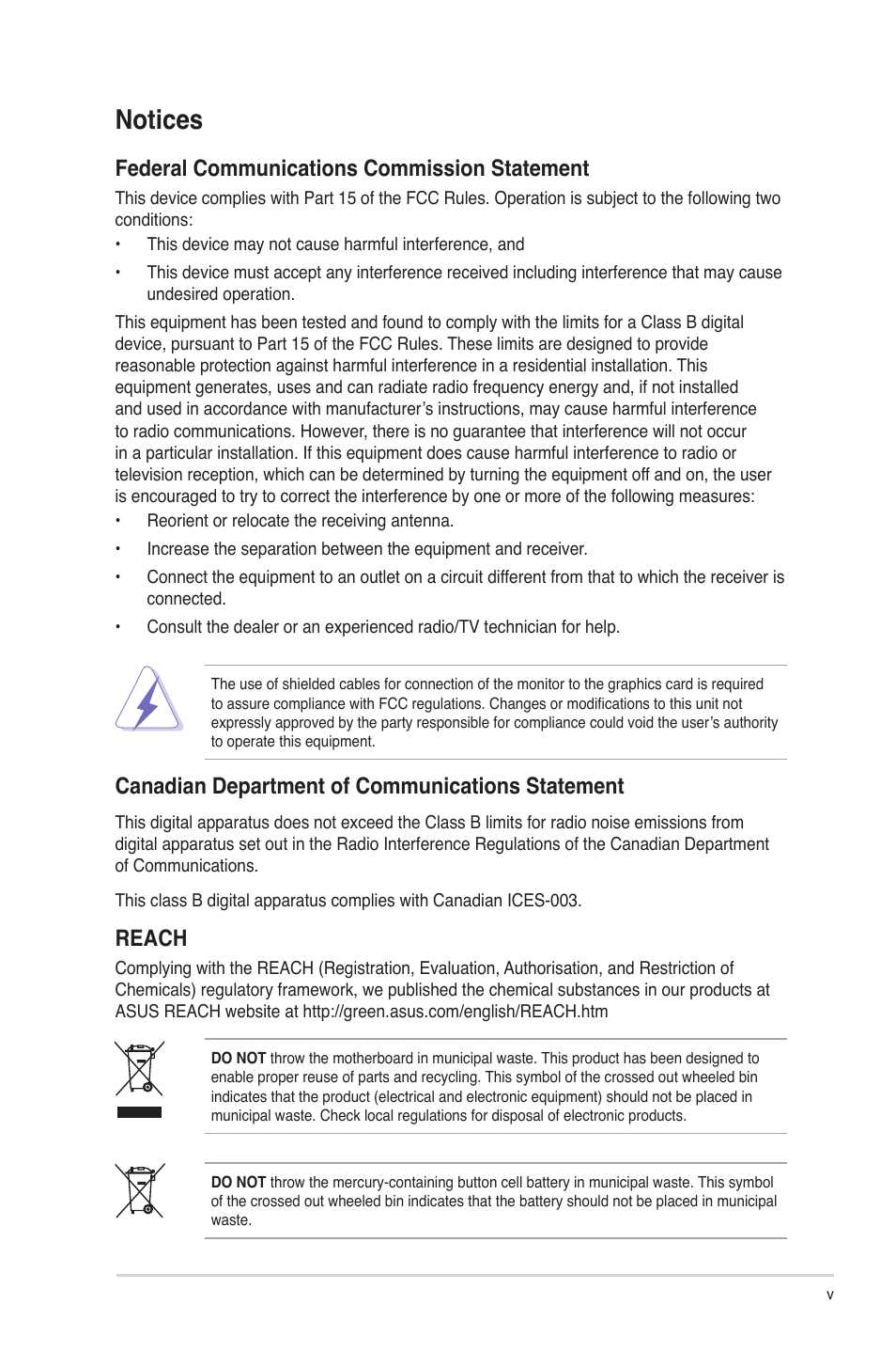 Notices, Federal communications commission statement, Canadian department of communications statement | Reach | Asus P5Q-VM DO User Manual | Page 5 / 48