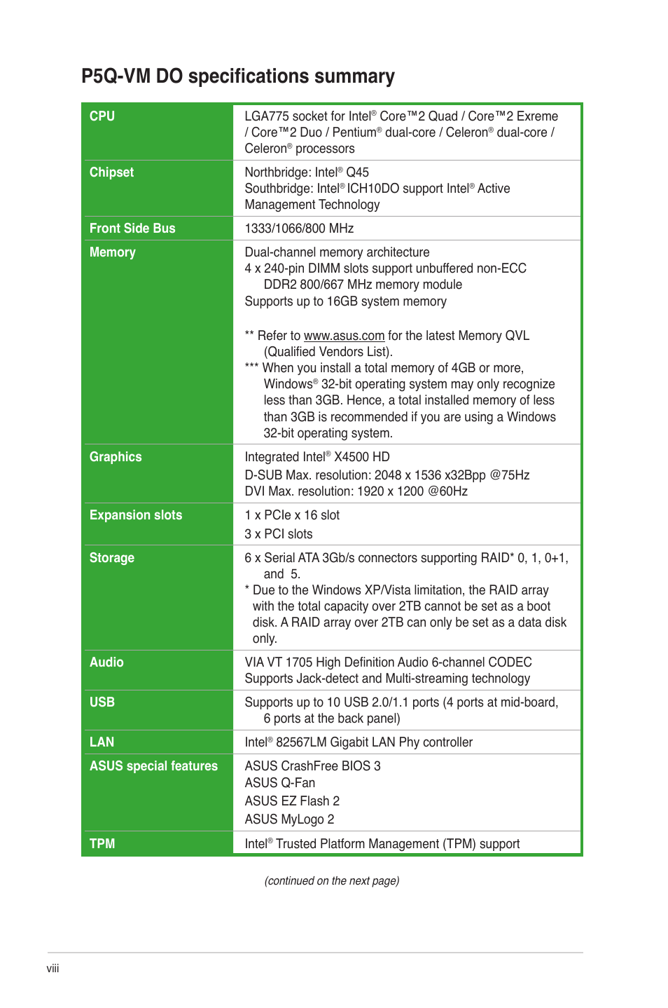 P5q-vm do specifications summary | Asus P5Q-VM DO User Manual | Page 8 / 48