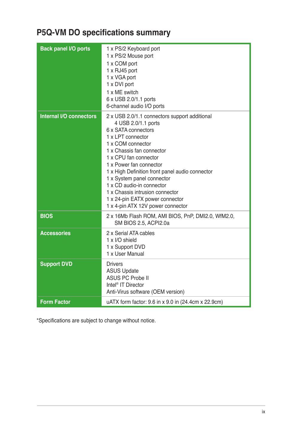 P5q-vm do specifications summary | Asus P5Q-VM DO User Manual | Page 9 / 48