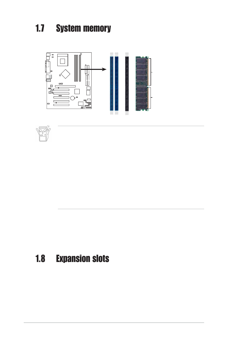 8 expansion slots, 1 configuring an expansion card, 1 installing a dimm | Asus A7N8X User Manual | Page 18 / 60