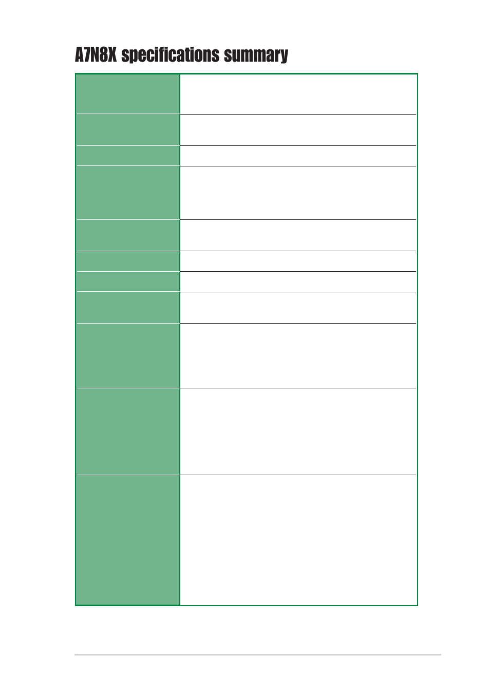 A7n8x specifications summary | Asus A7N8X User Manual | Page 9 / 60