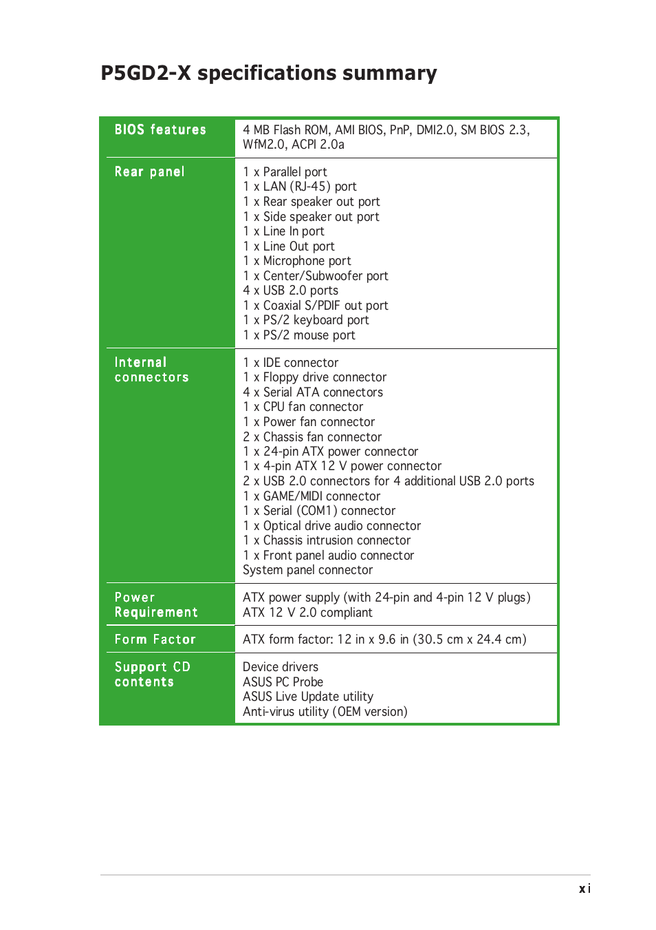 P5gd2-x specifications summary | Asus P5GD2-X User Manual | Page 11 / 96