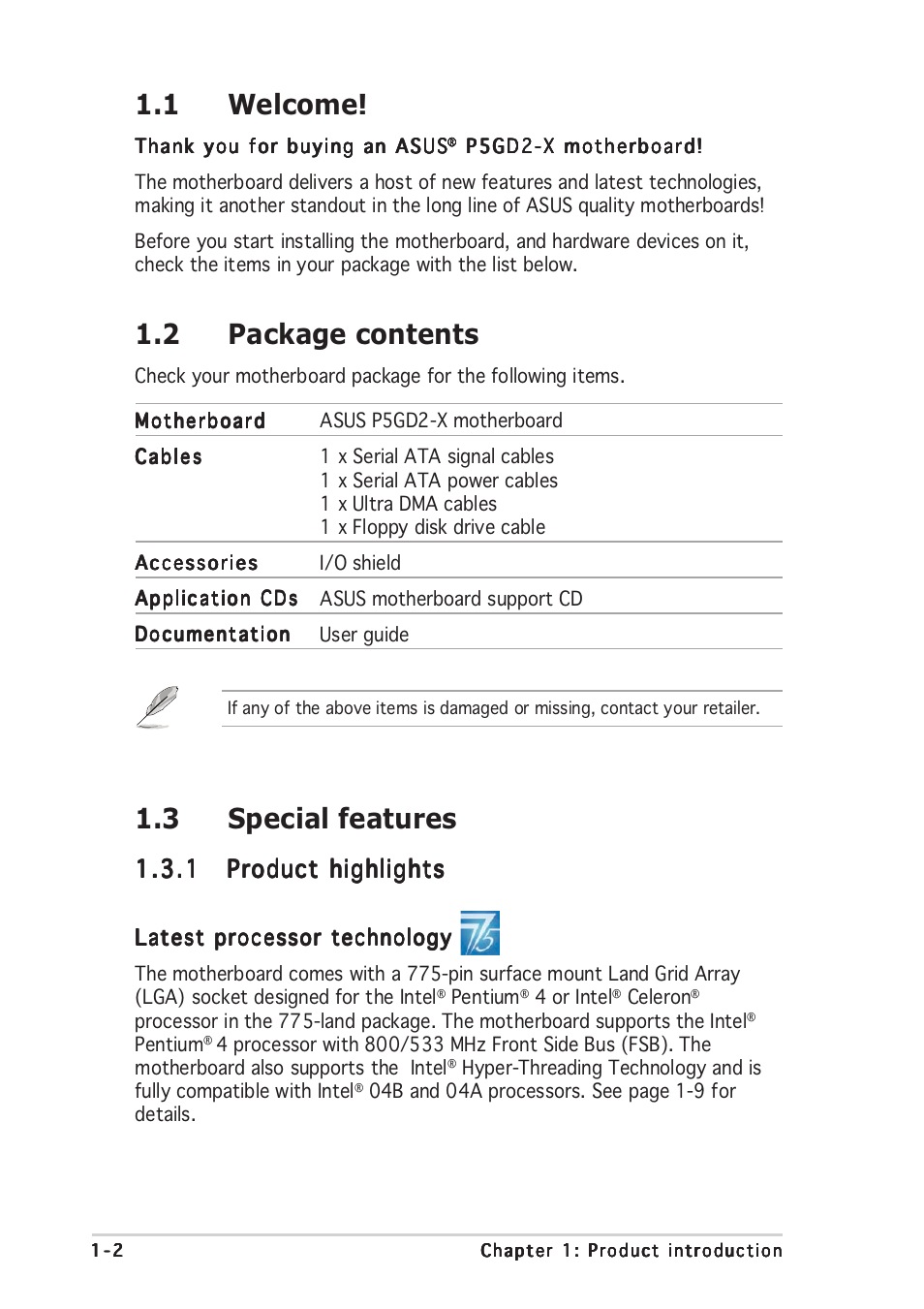 1 welcome, 2 package contents, 3 special features | Asus P5GD2-X User Manual | Page 14 / 96