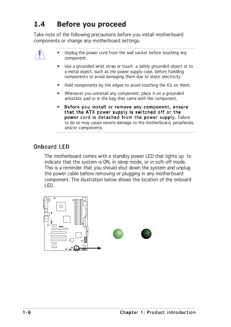 4 before you proceed, Onboard led | Asus P5GD2-X User Manual | Page 18 / 96