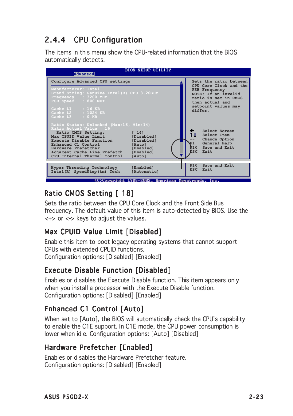 Ratio cmos setting [ 18, Max cpuid value limit [disabled, Execute disable function [disabled | Enhanced c1 control [auto, Hardware prefetcher [enabled | Asus P5GD2-X User Manual | Page 69 / 96