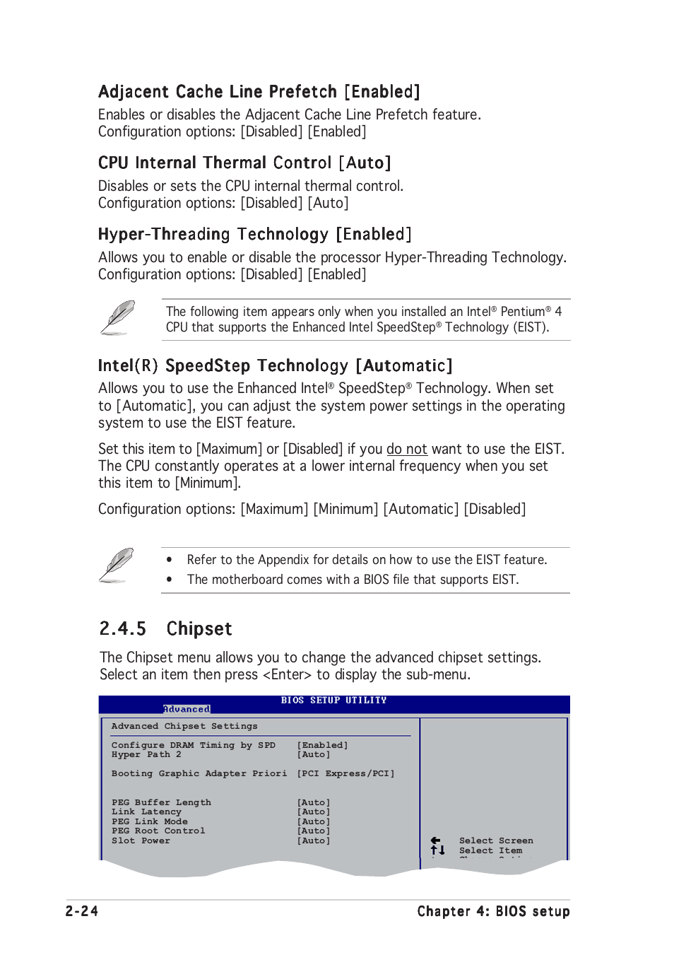 5 chipset chipset chipset chipset chipset, Adjacent cache line prefetch [enabled, Cpu internal thermal control [auto | Hyper-threading technology [enabled, Intel(r) speedstep technology [automatic | Asus P5GD2-X User Manual | Page 70 / 96