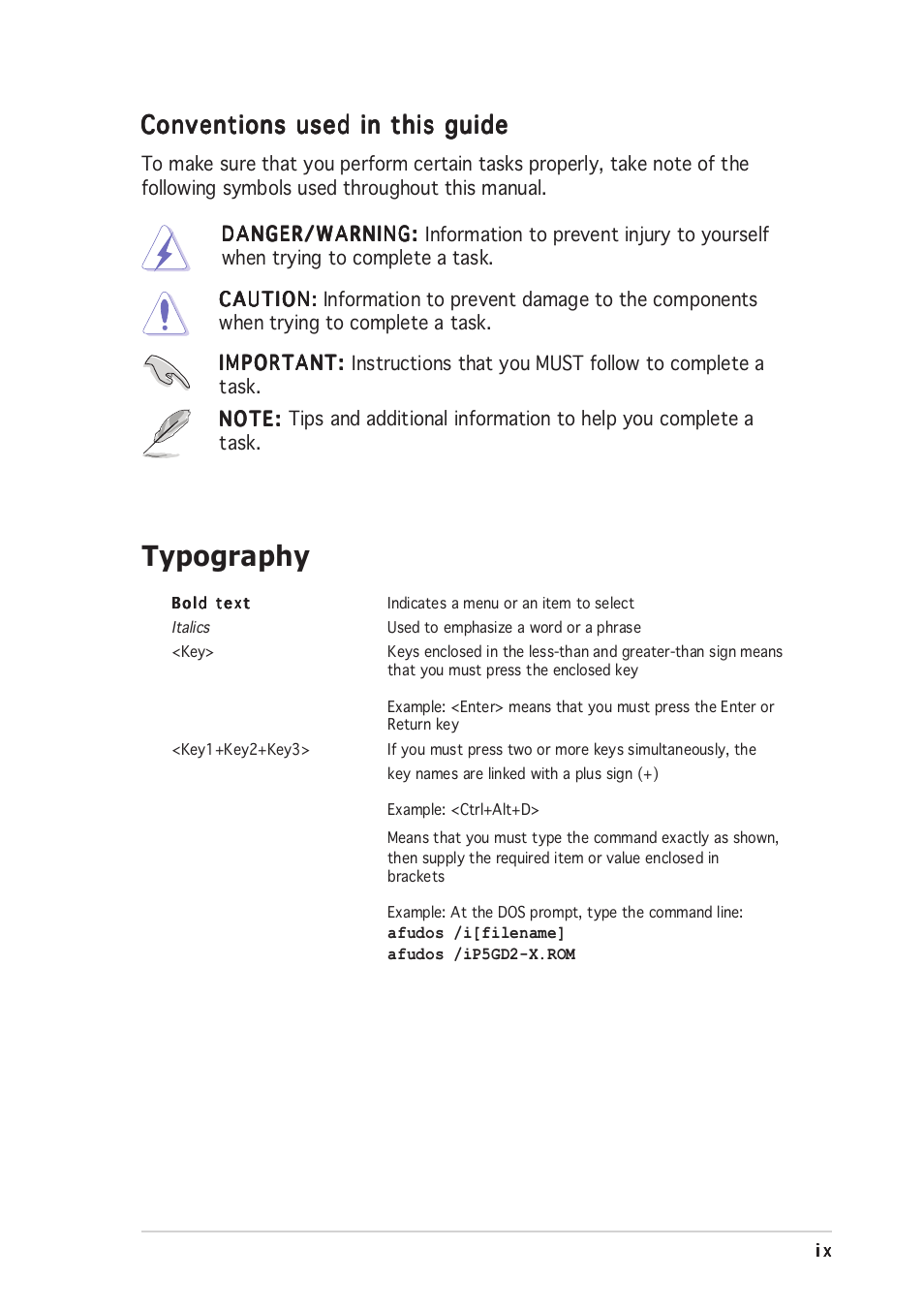 Typography, Conventions used in this guide | Asus P5GD2-X User Manual | Page 9 / 96