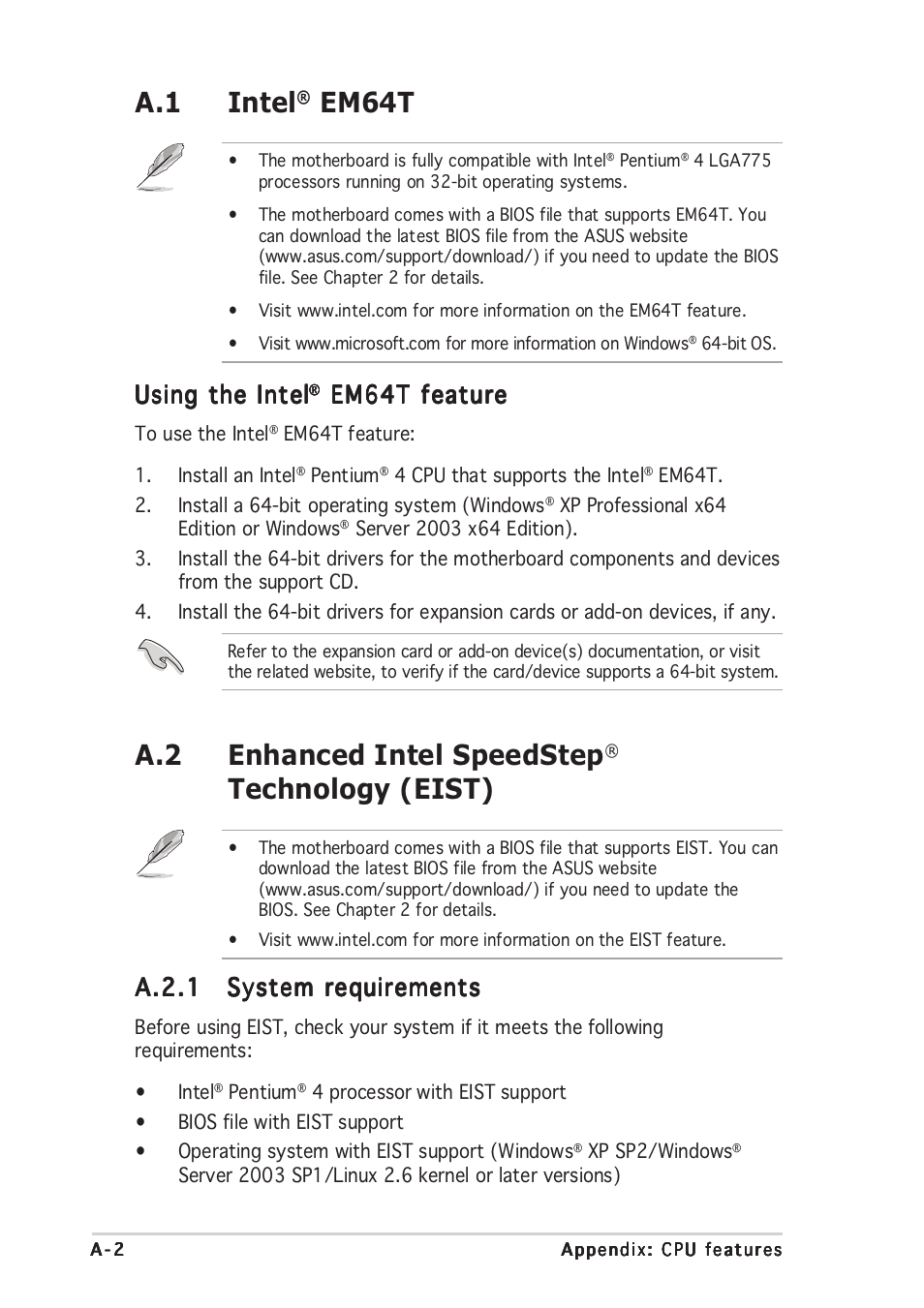 A.1 intel, Em64t, A.2 enhanced intel speedstep | Technology (eist), Using the intel, Em64t feature, A.2.1 | Asus P5GD2-X User Manual | Page 94 / 96