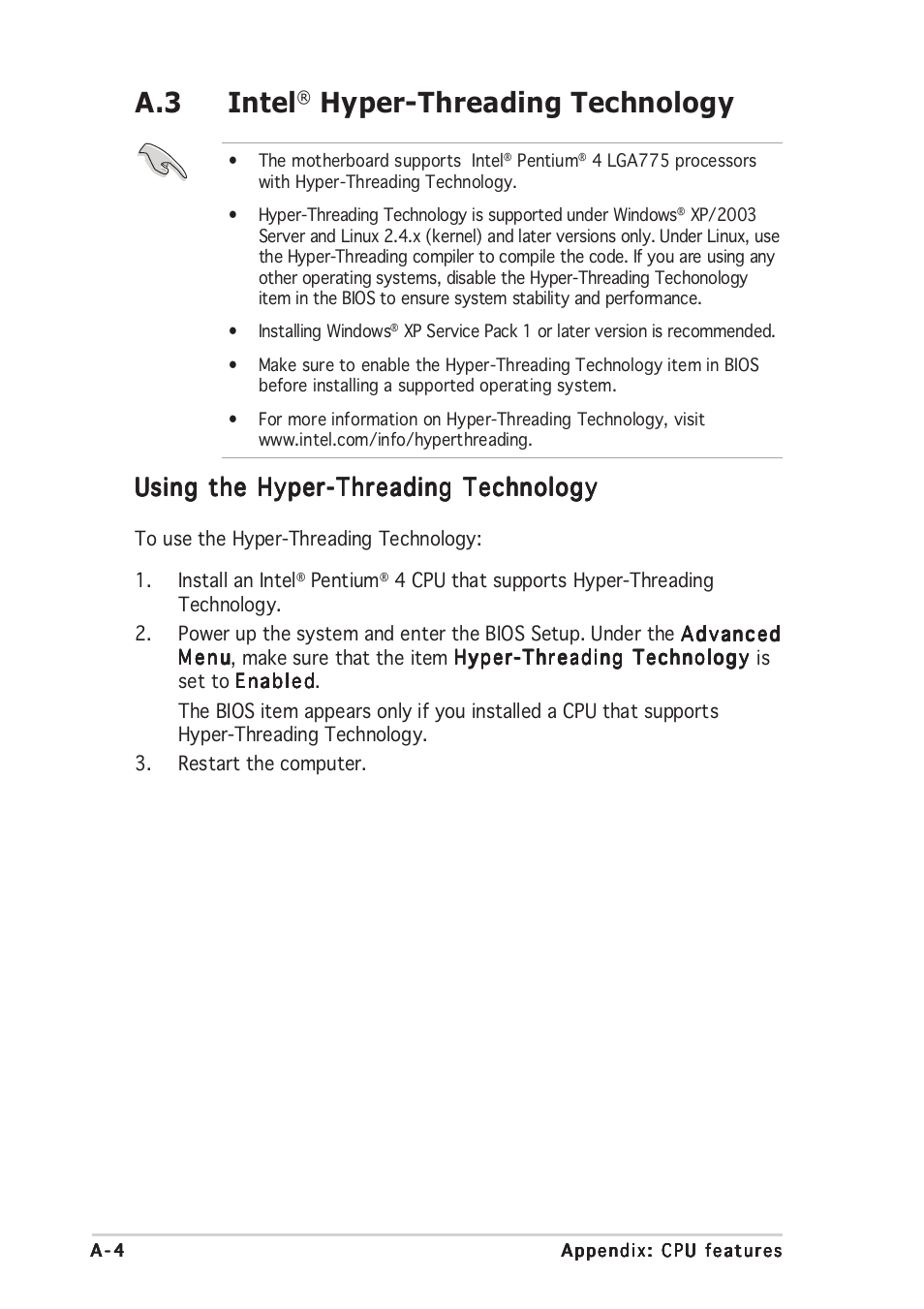 A.3 intel, Hyper-threading technology, Using the hyper-threading technology | Asus P5GD2-X User Manual | Page 96 / 96