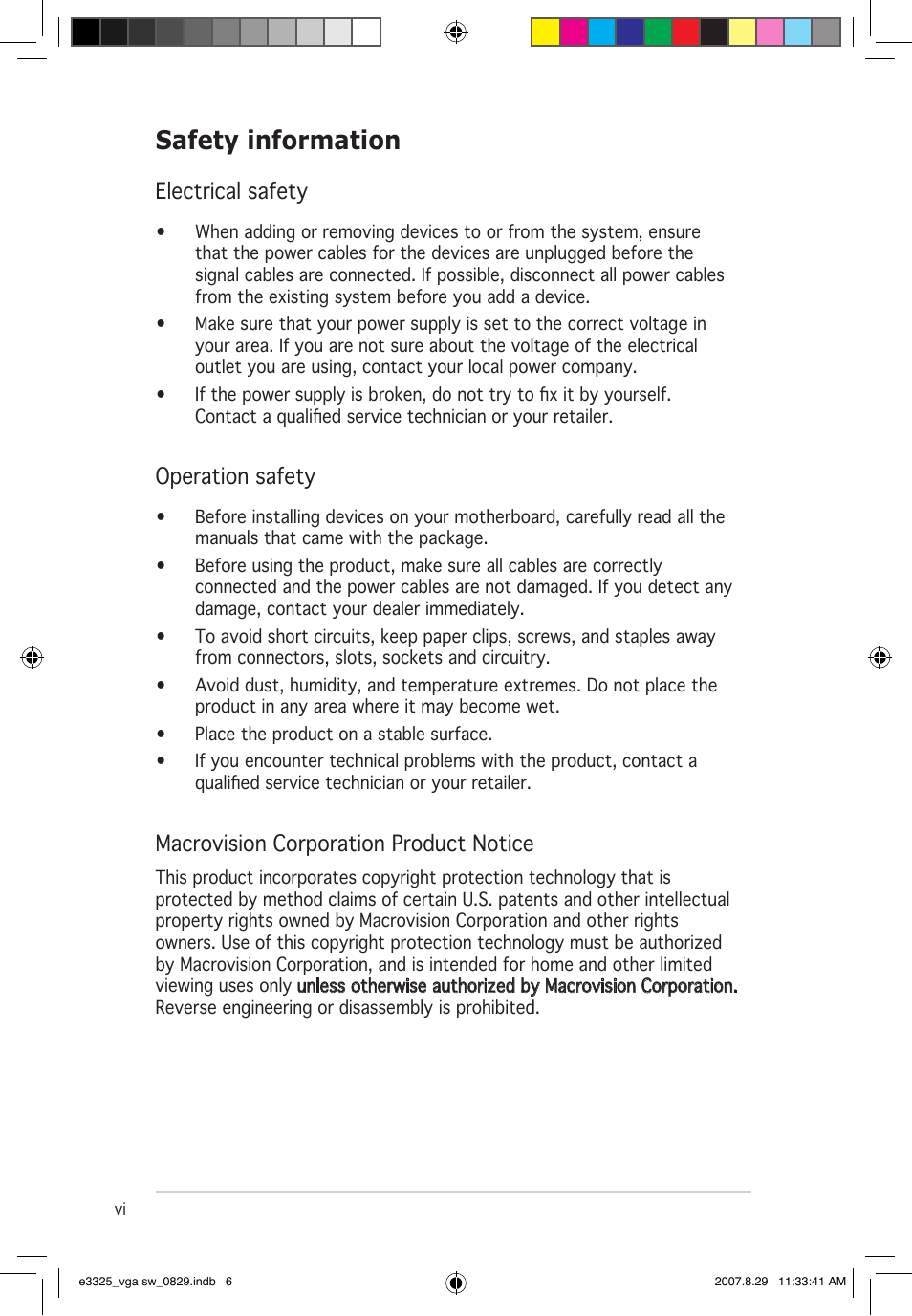 Safety information, Electrical safety, Operation safety | Macrovision corporation product notice | Asus EN8800 Series User Manual | Page 6 / 66