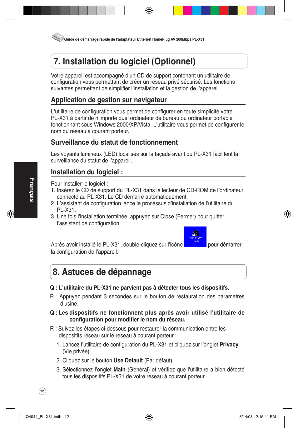 Astuces de dépannage, Installation du logiciel (optionnel), Application de gestion sur navigateur | Surveillance du statut de fonctionnement, Installation du logiciel | Asus PL-X31/PL-X32 User Manual | Page 13 / 102