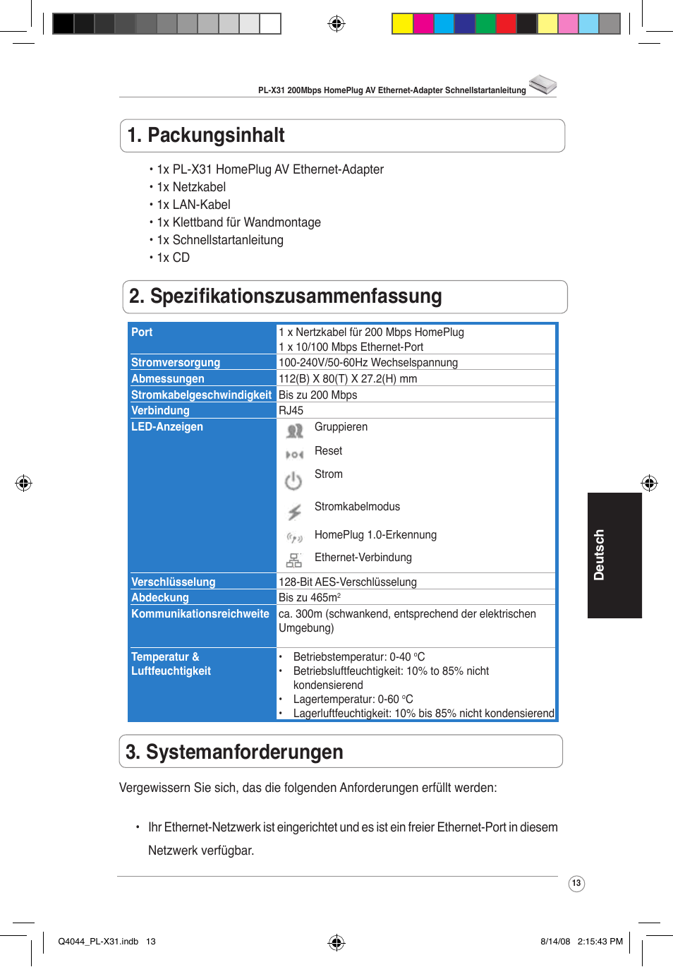 Packungsinhalt, Spezifikationszusammenfassung, Systemanforderungen | Asus PL-X31/PL-X32 User Manual | Page 14 / 102