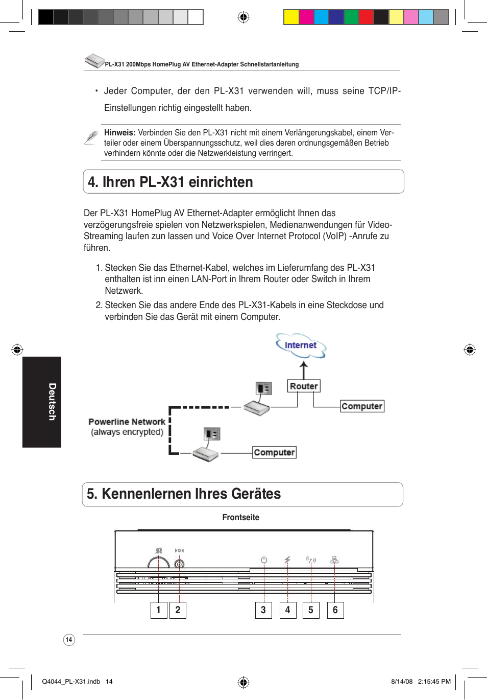 Kennenlernen ihres gerätes, Ihren pl-x31 einrichten | Asus PL-X31/PL-X32 User Manual | Page 15 / 102