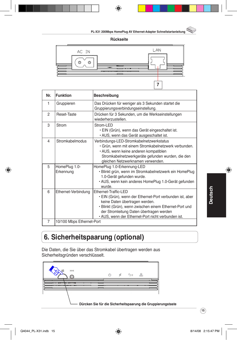 Sicherheitspaarung (optional) | Asus PL-X31/PL-X32 User Manual | Page 16 / 102