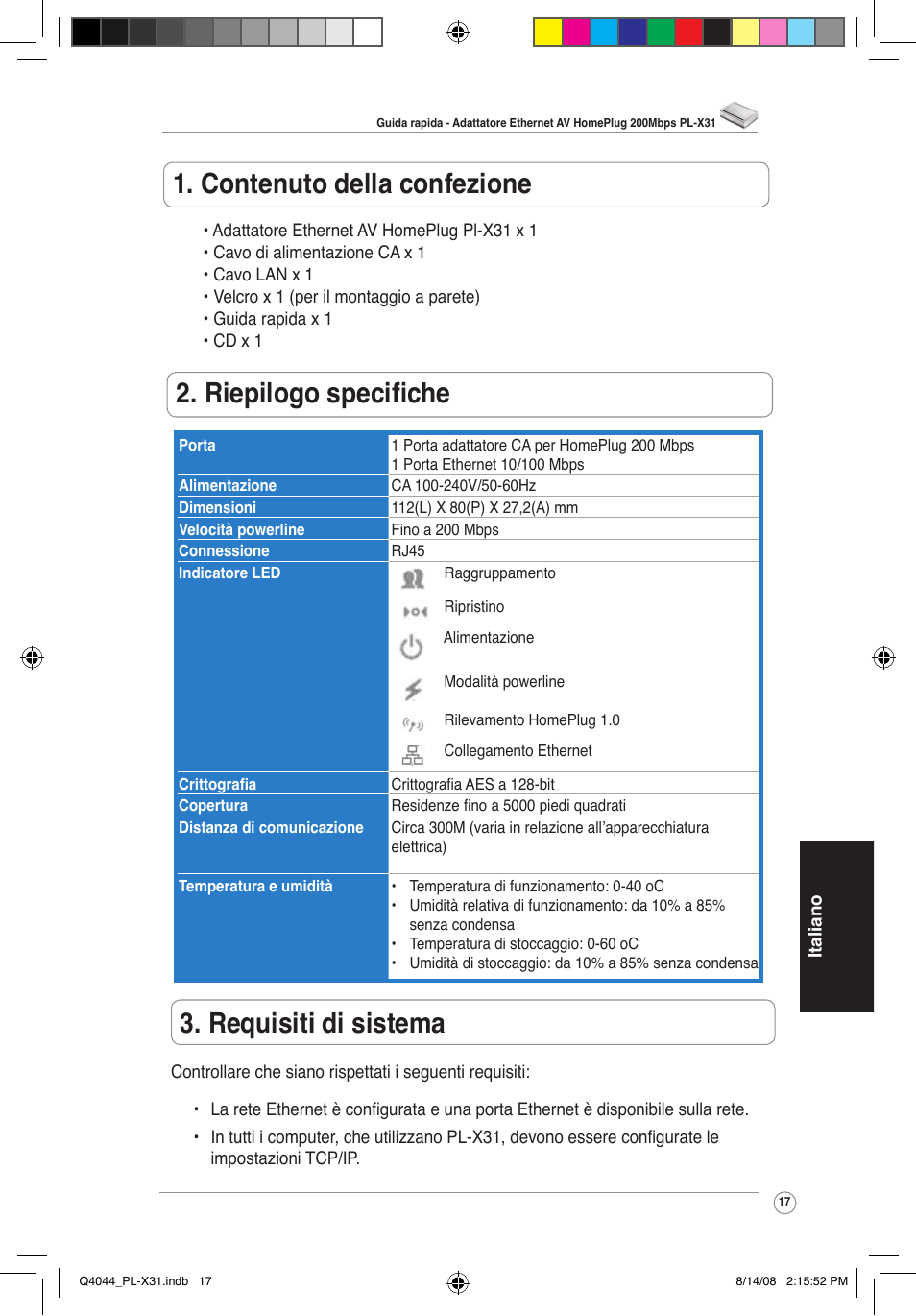 Contenuto della confezione, Riepilogo specifiche, Requisiti di sistema | Asus PL-X31/PL-X32 User Manual | Page 18 / 102