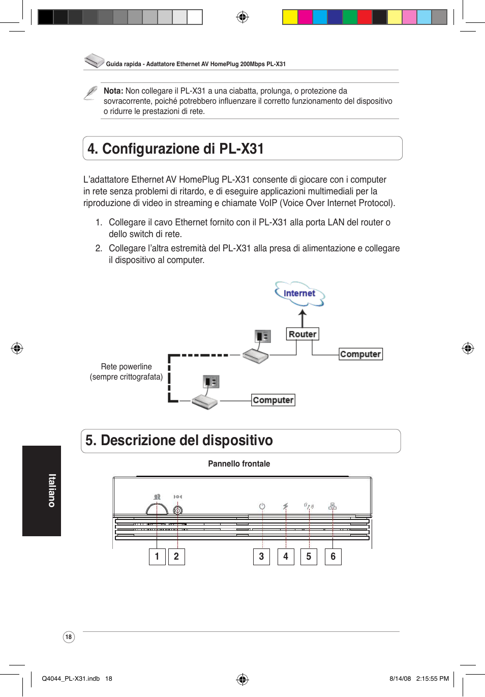 Descrizione del dispositivo, Configurazione di pl-x31 | Asus PL-X31/PL-X32 User Manual | Page 19 / 102