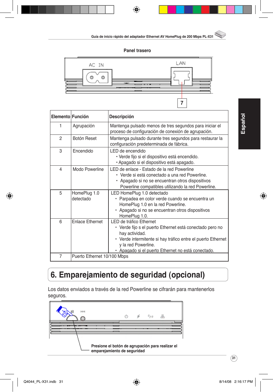 Emparejamiento de seguridad (opcional) | Asus PL-X31/PL-X32 User Manual | Page 32 / 102