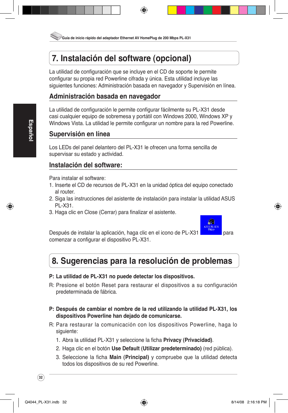 Sugerencias para la resolución de problemas, Instalación del software (opcional), Administración basada en navegador | Supervisión en línea, Instalación del software | Asus PL-X31/PL-X32 User Manual | Page 33 / 102