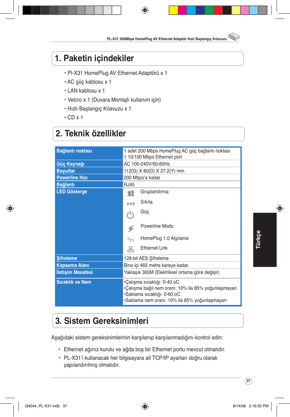 Paketin içindekiler, Teknik özellikler, Sistem gereksinimleri | Asus PL-X31/PL-X32 User Manual | Page 38 / 102