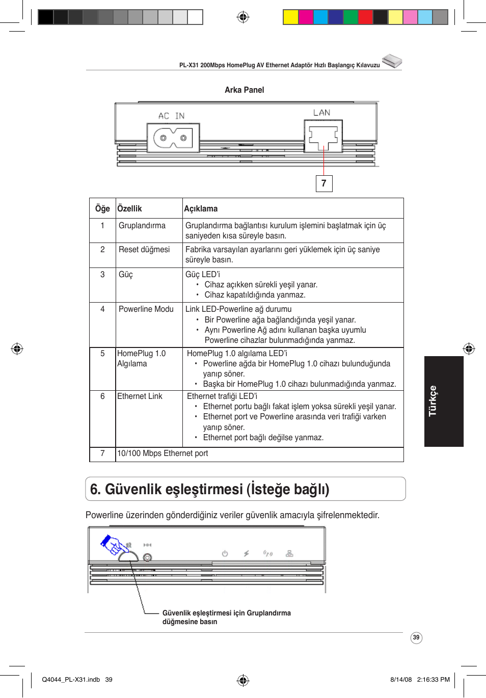 Güvenlik eşleştirmesi (isteğe bağlı) | Asus PL-X31/PL-X32 User Manual | Page 40 / 102