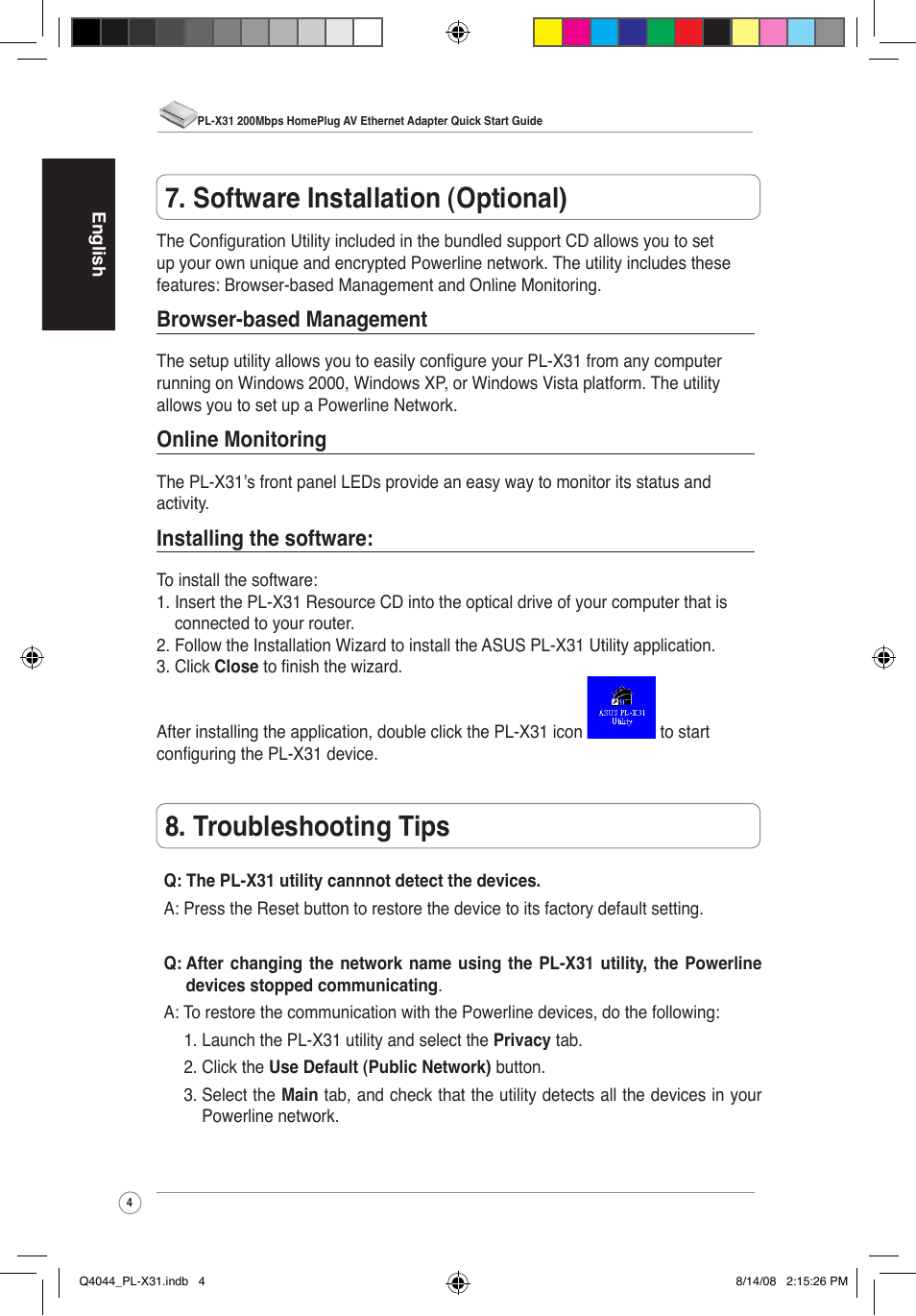 Software installation (optional), Troubleshooting tips, Browser-based management | Online monitoring, Installing the software | Asus PL-X31/PL-X32 User Manual | Page 5 / 102