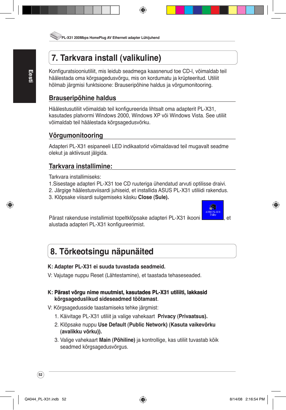 Tõrkeotsingu näpunäited, Tarkvara install (valikuline), Brauseripõhine haldus | Võrgumonitooring, Tarkvara installimine | Asus PL-X31/PL-X32 User Manual | Page 53 / 102