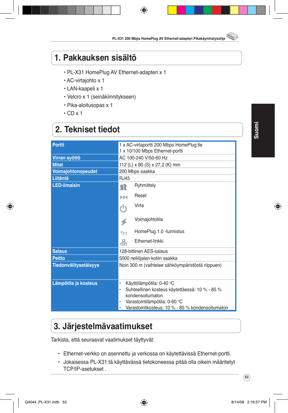 Pakkauksen sisältö, Tekniset tiedot, Järjestelmävaatimukset | Asus PL-X31/PL-X32 User Manual | Page 54 / 102