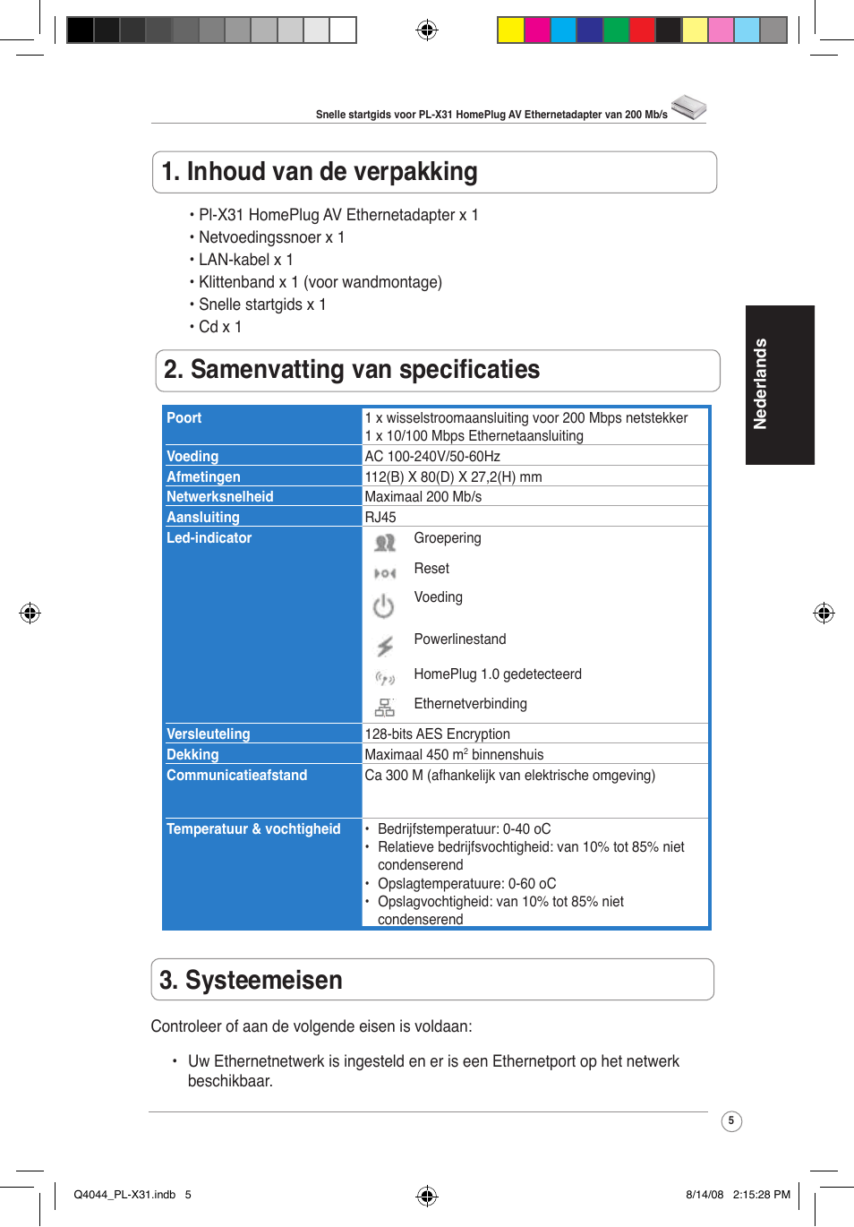 Inhoud van de verpakking, Samenvatting van specificaties, Systeemeisen | Asus PL-X31/PL-X32 User Manual | Page 6 / 102