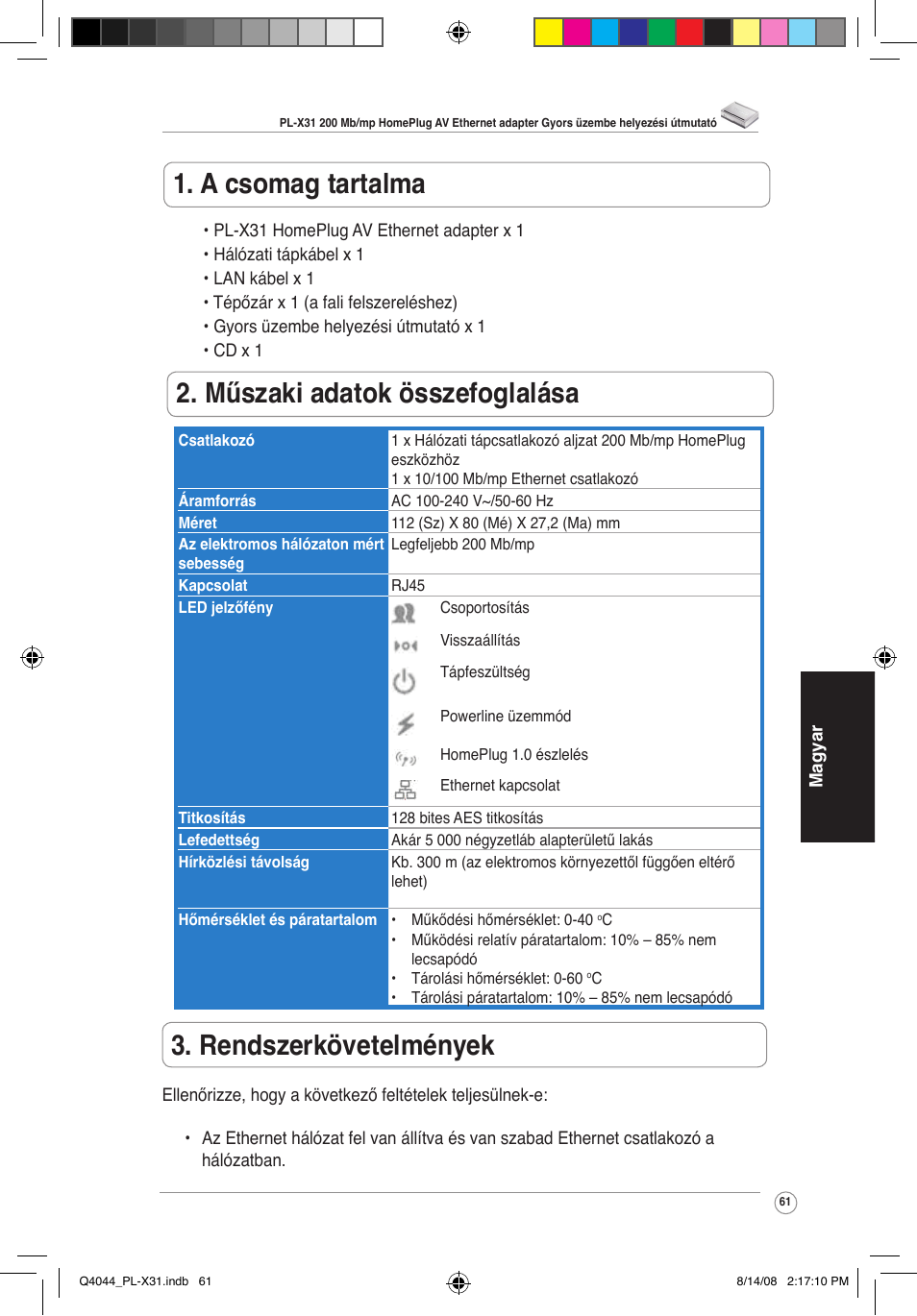 A csomag tartalma, Műszaki adatok összefoglalása, Rendszerkövetelmények | Asus PL-X31/PL-X32 User Manual | Page 62 / 102